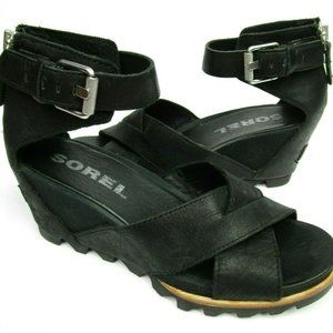 Sorel Joanie II Black Leather Sandals Canvas 8.5